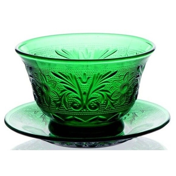 Anchor Hocking Forest Green Custard Cup and Liner Underplate Vintage - Picture 4 of 4